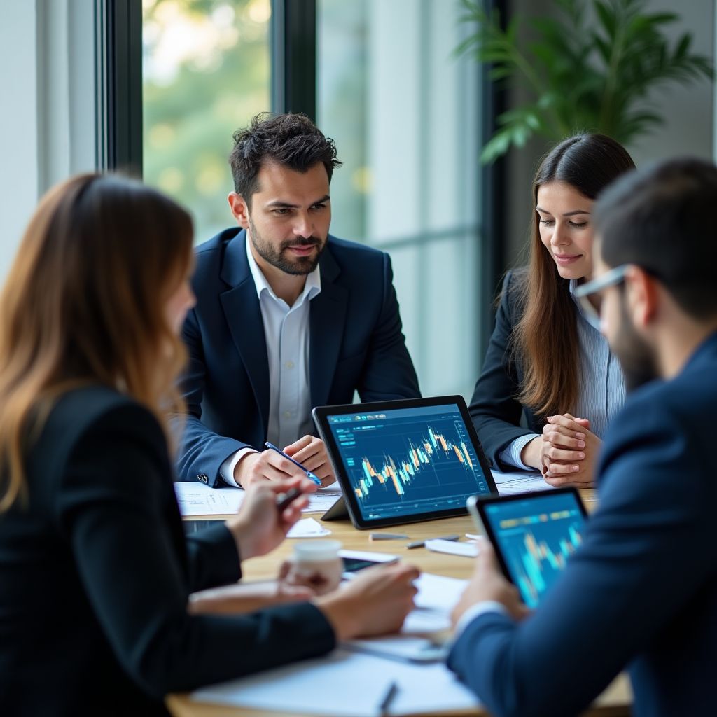 Equipo de consultores financieros en una reunión estratégica